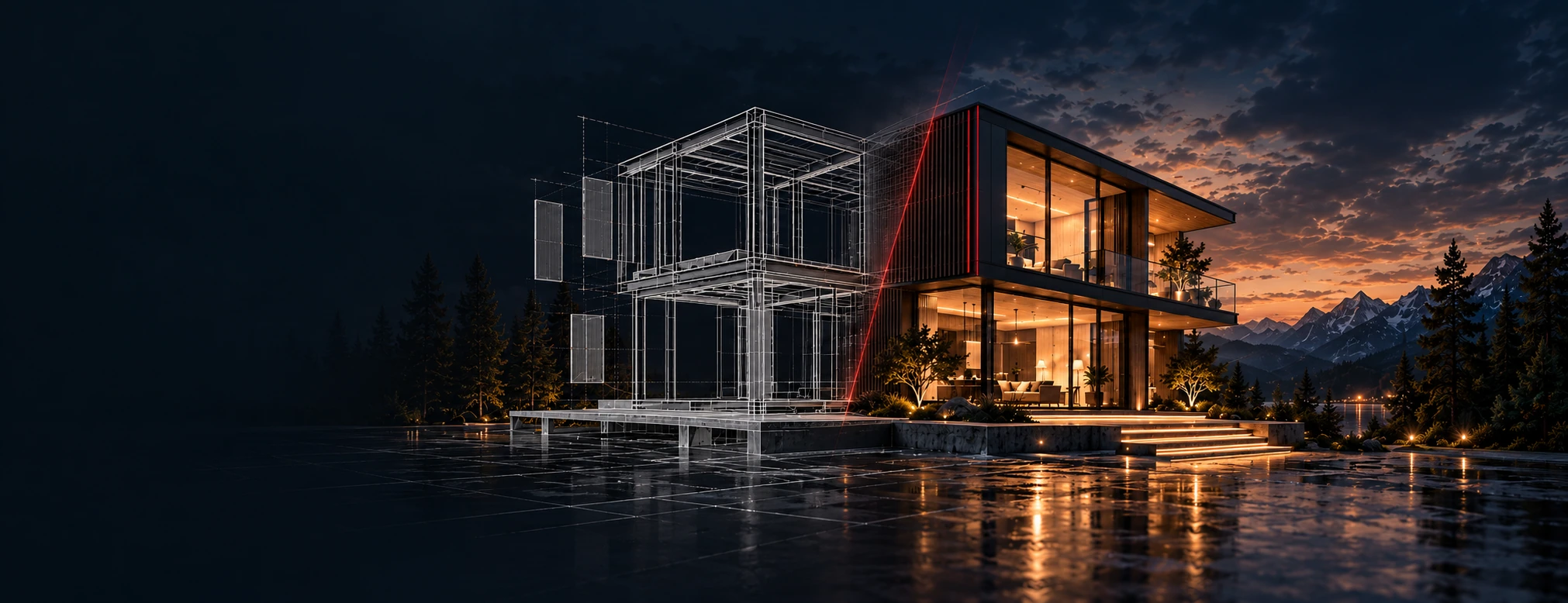 Teknik tel kafes çiziminden sıcak ışıklı modern yapıya dönüşen iki katlı evin mimari konsepti