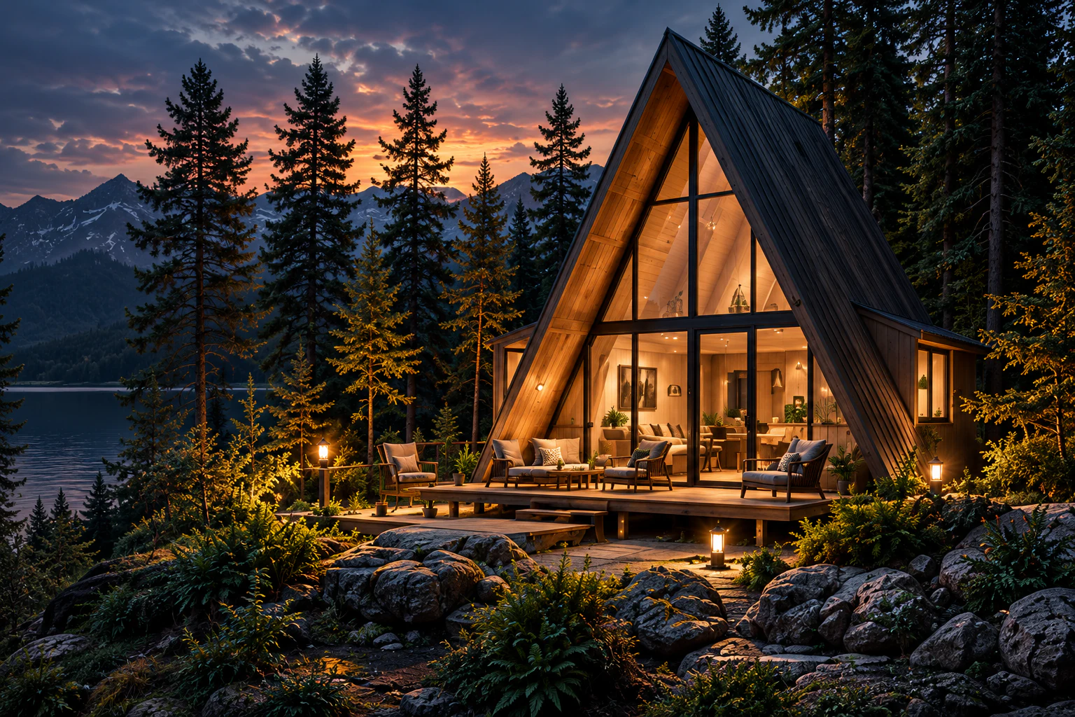 Orman içinde, gün batımında aydınlatılmış A-frame bungalov — mimari konsept