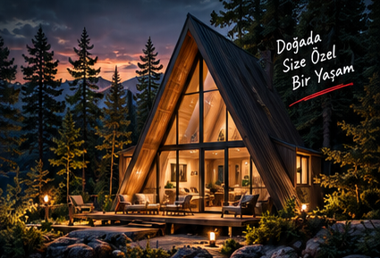 Illuminated A-frame bungalow in a forest at sunset — architectural concept