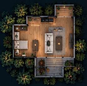 Conceptual top-down bungalow layout — not a measured construction plan