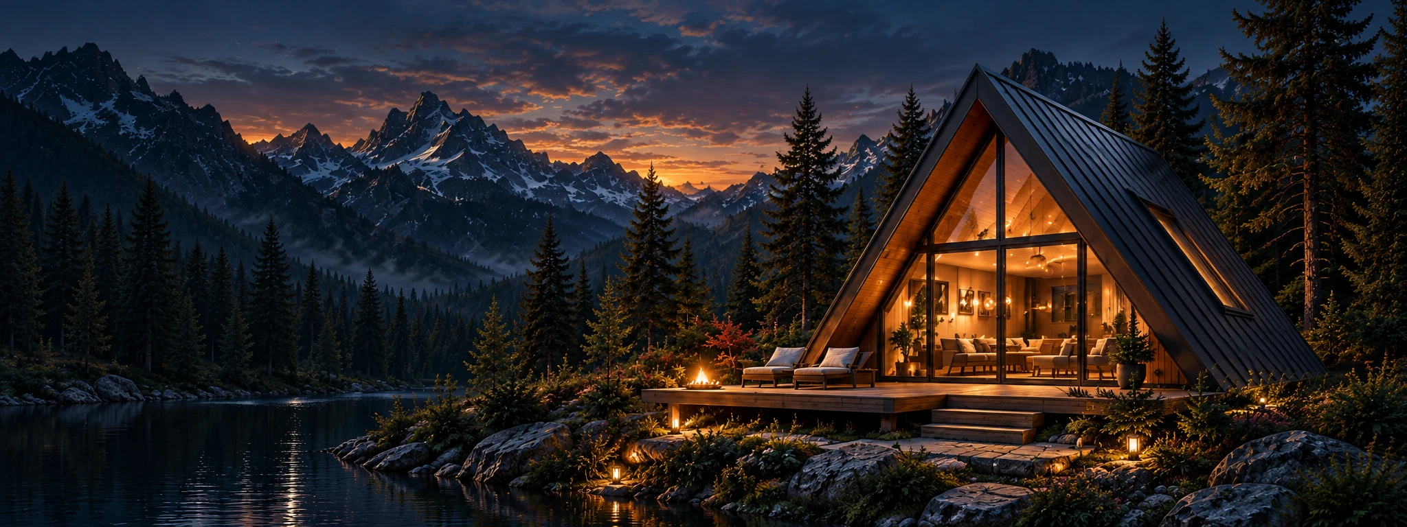 A-frame ev, dağlar ve çam ormanlarıyla çevrili akşam manzarası — mimari konsept