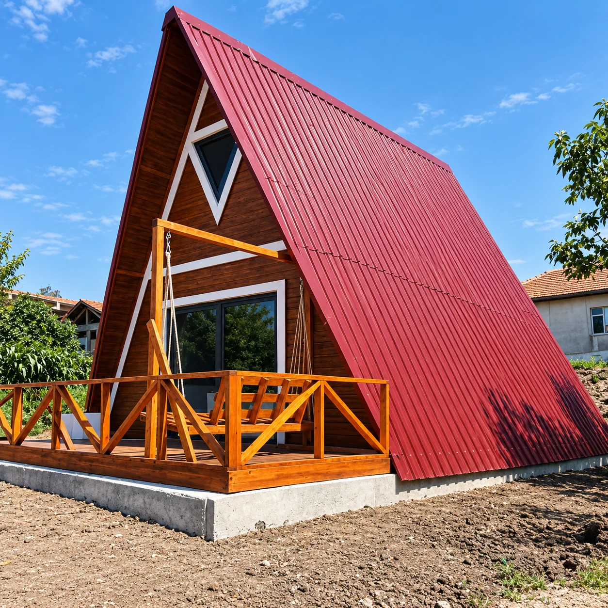 Kırmızı çatılı A-frame yapı yan görünümü