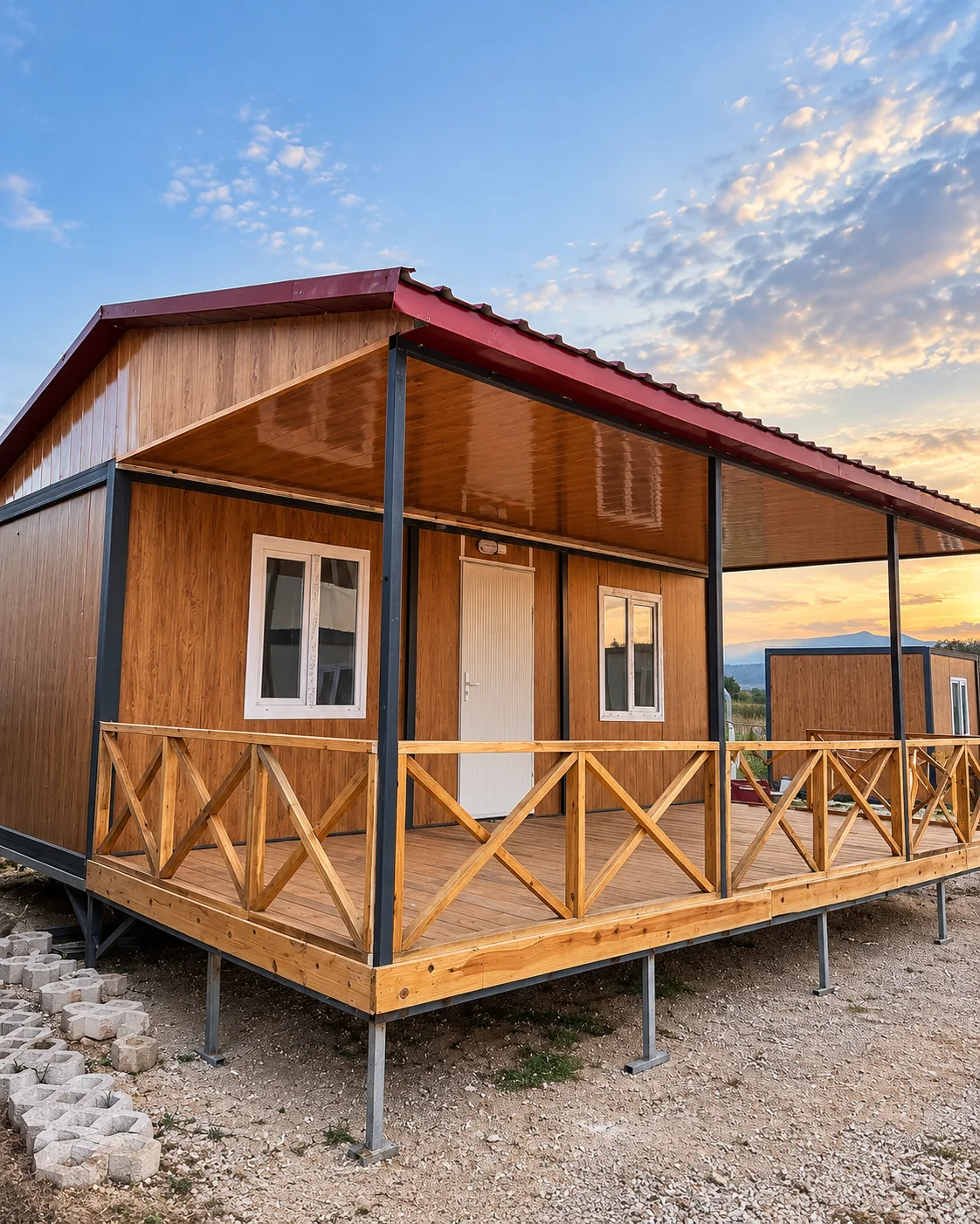 Kompakt ahşap görünümlü yapı ve veranda
