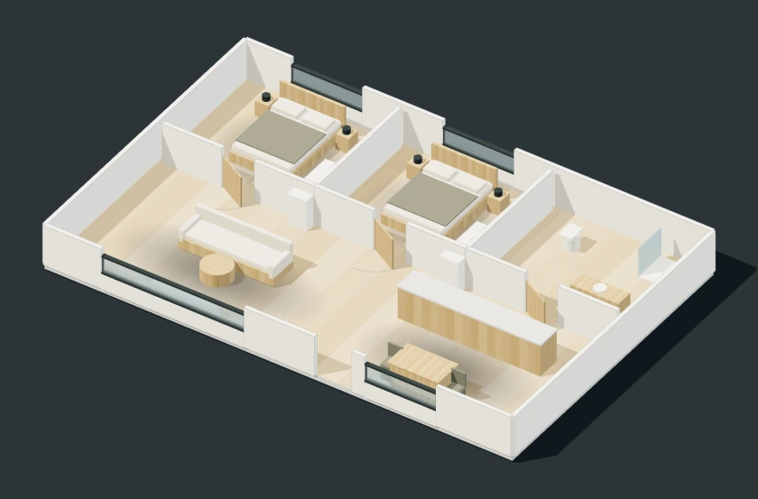 Prefabrik ev ön tasarımı: iki yatak odası, salon, mutfak, banyo ve dolaşım alanını gösteren izometrik 3D kat planı.